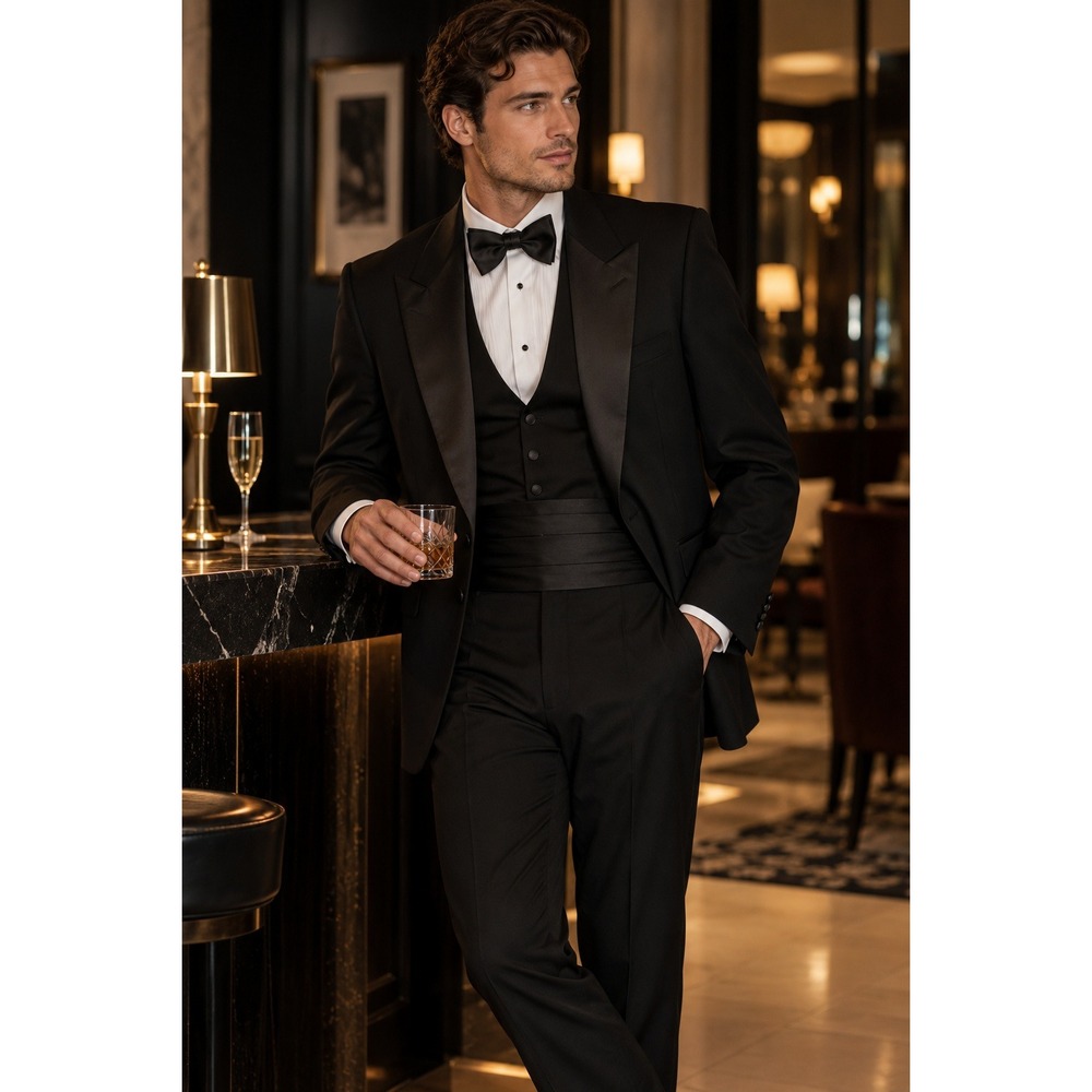 Bill Blass Mens 4 Piece Tuxedo Set 100% Wool Black Peak Lapel Suit 35W 43R